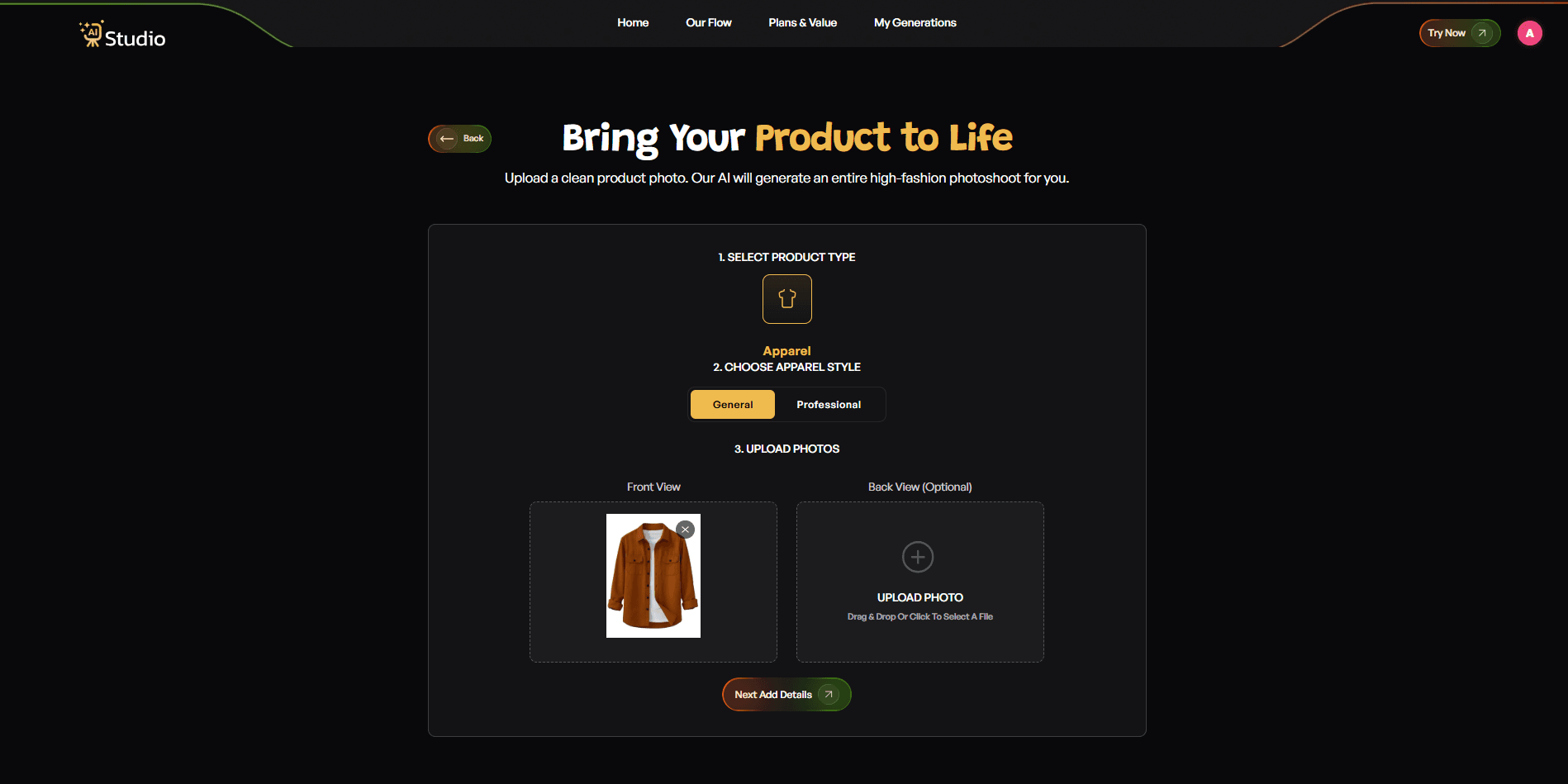 AI product image upload page