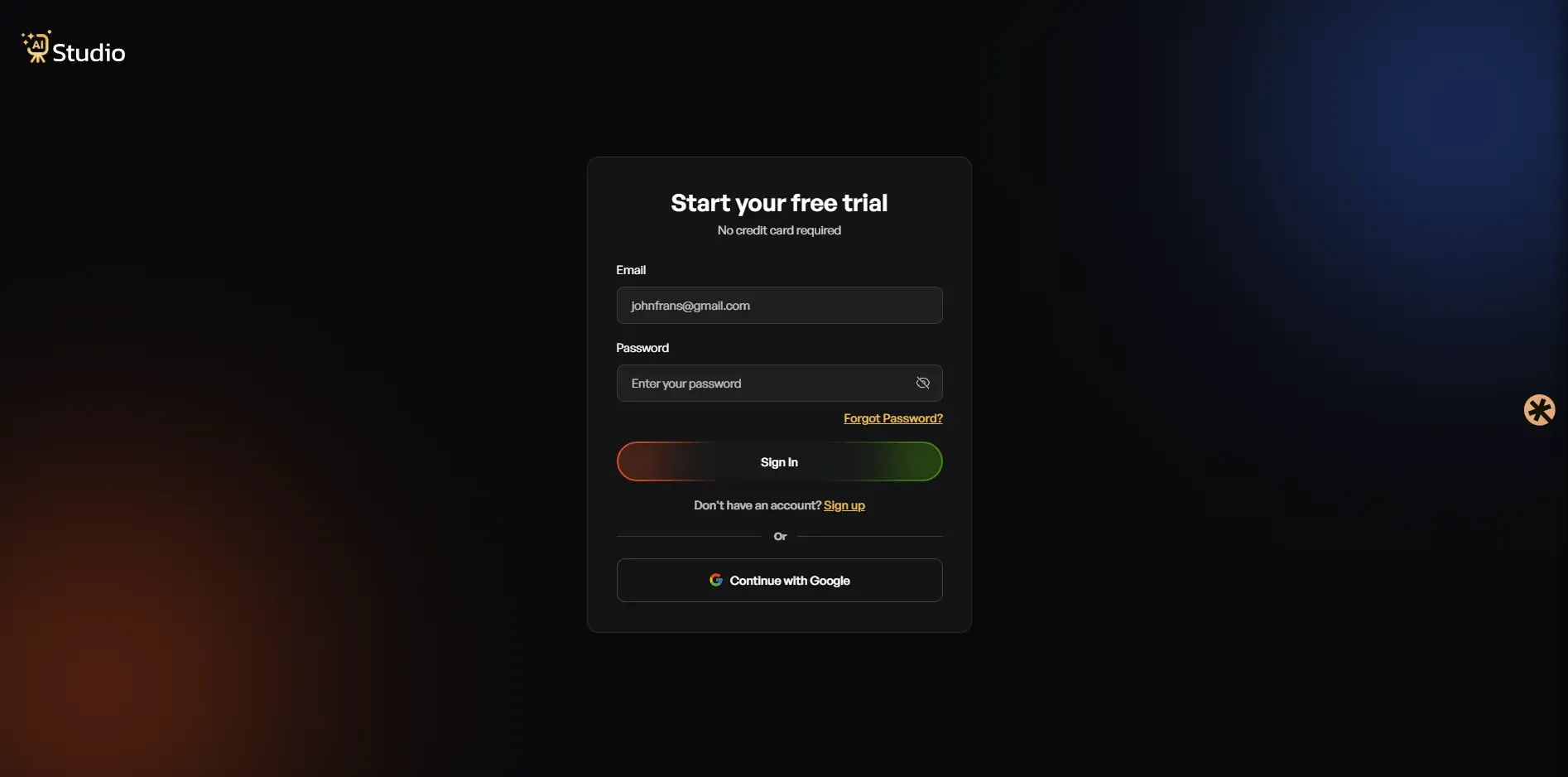 AI Studio create account page to start free AI product photography