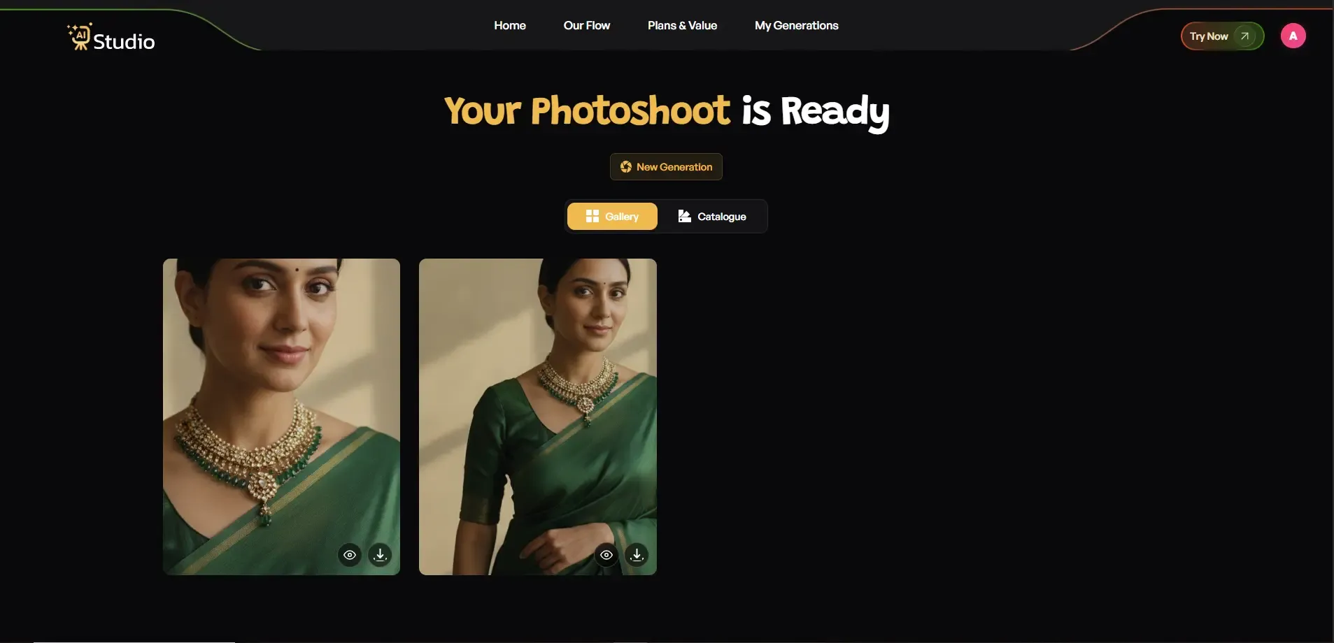 AI Studio download screen showing generated high-quality AI product photos for jewelry