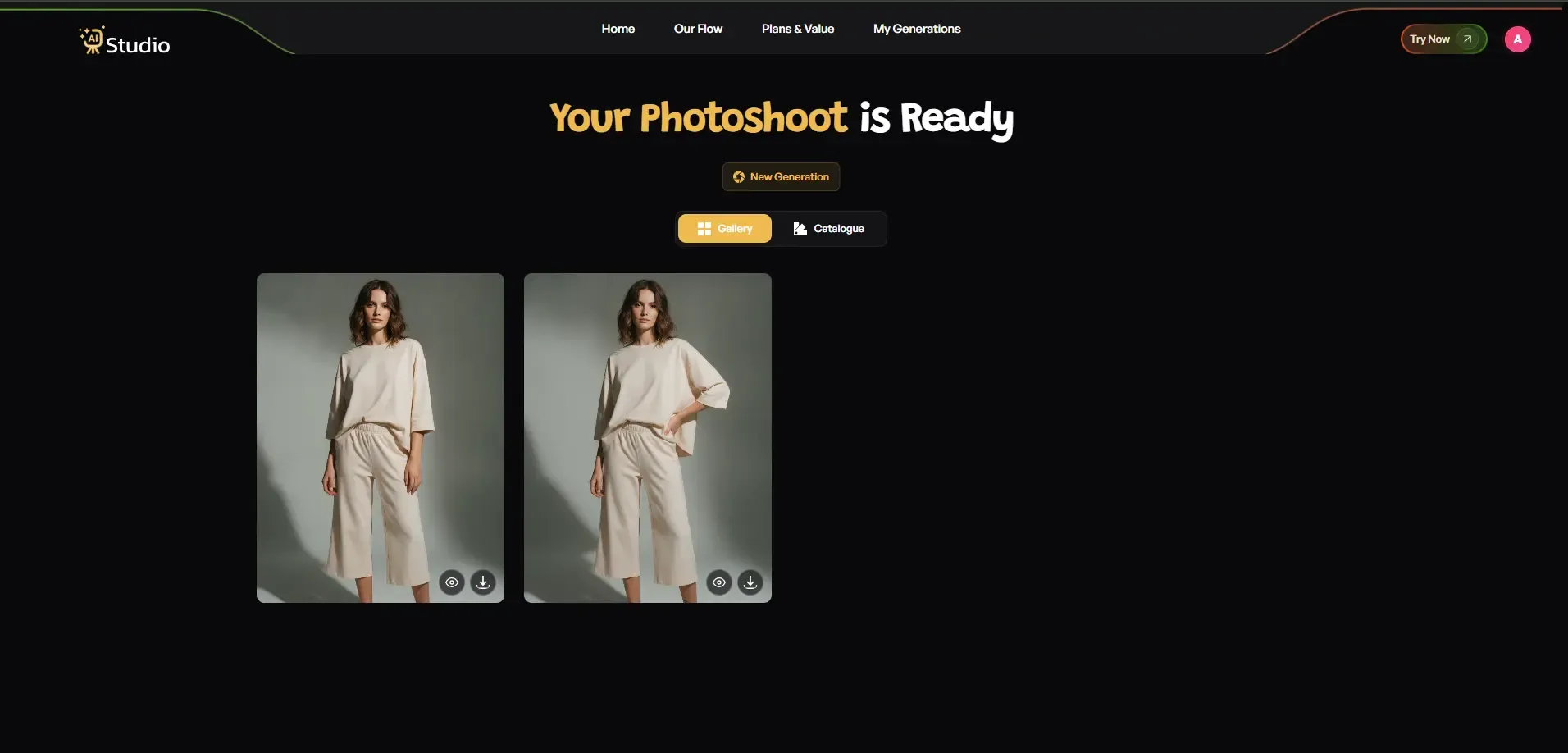 AI Studio gallery displaying realistic AI fashion model images generated from a single clothing product photo.