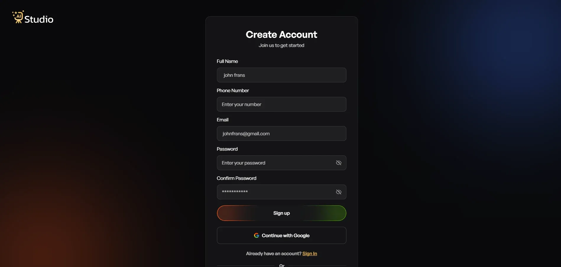 AI Studio create account page to start free AI product photography