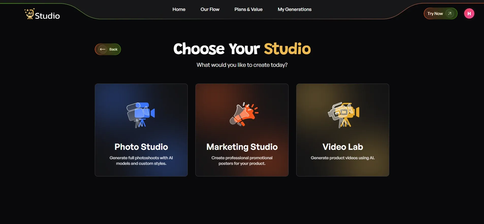 AI Studio dashboard showing Photo Studio, Marketing Studio, and Video Lab options