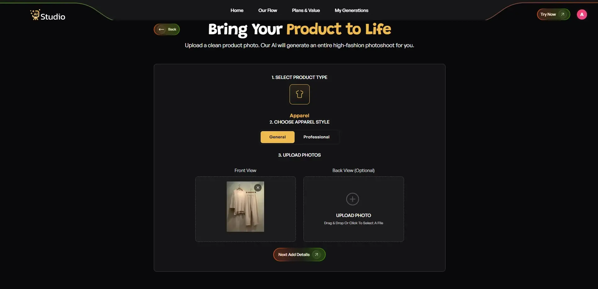 Upload apparel product image to create AI-generated fashion photoshoot with AI Studio.