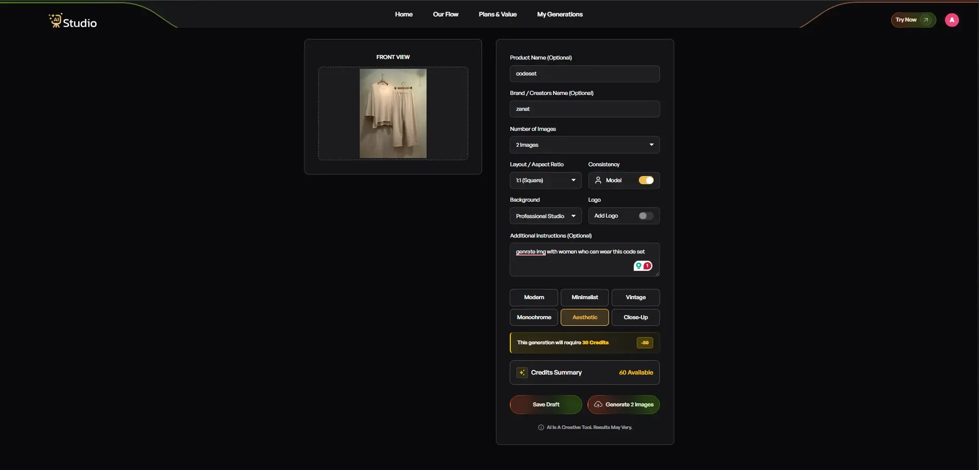 Configure AI product photoshoot by selecting background, layout, prompts, and image generation settings.