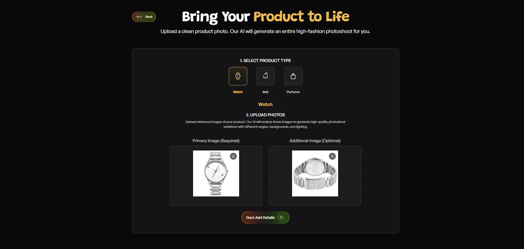 Upload product photo screen in AI Studio to generate AI product images