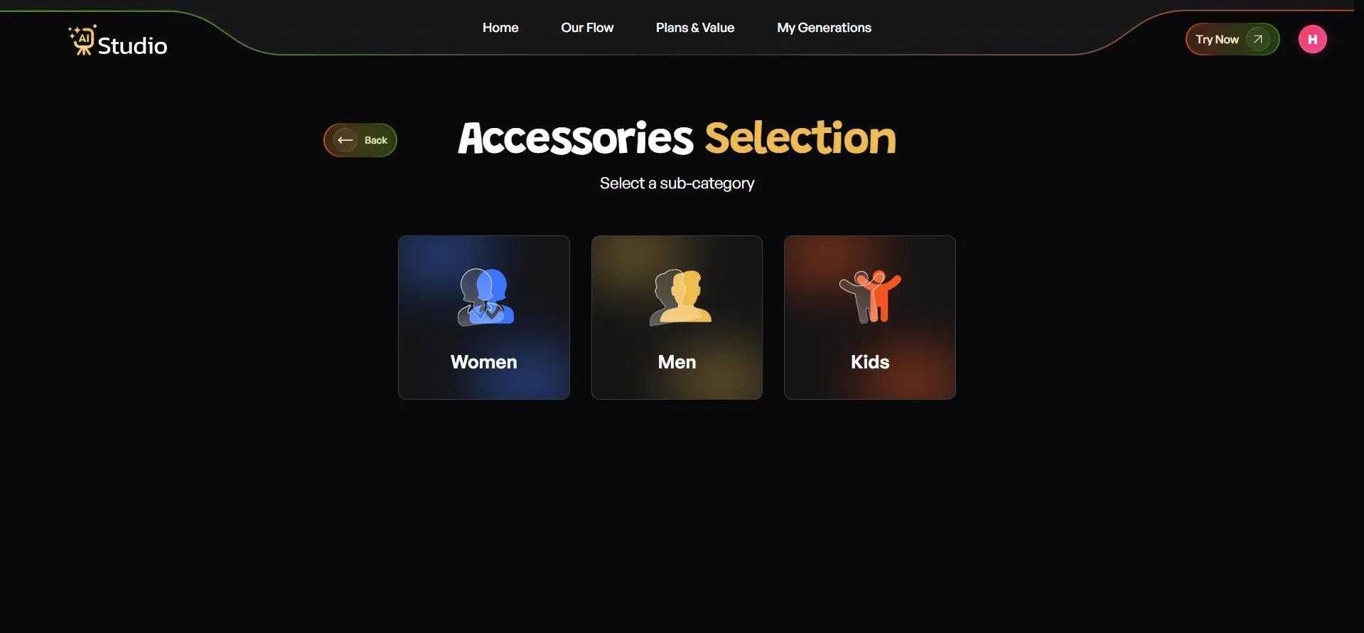 AI Studio accessories selection page with Women, Men, and Kids subcategory options