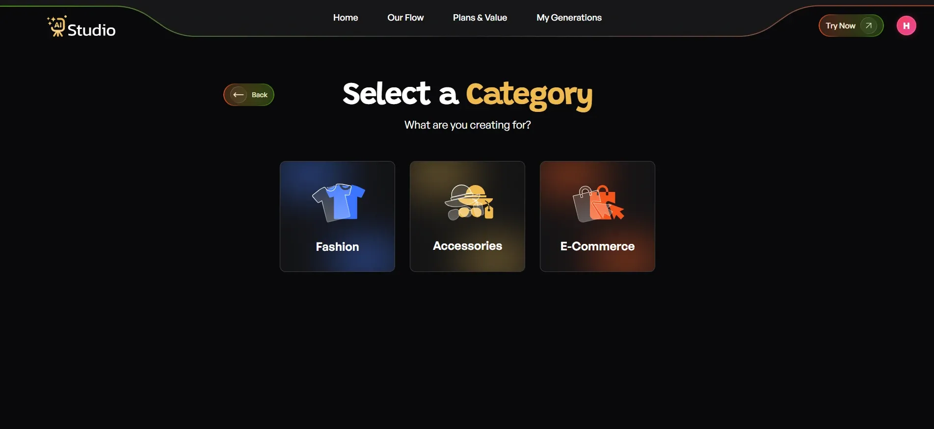  AI Studio category selection screen showing Fashion, Accessories, and E-Commerce options