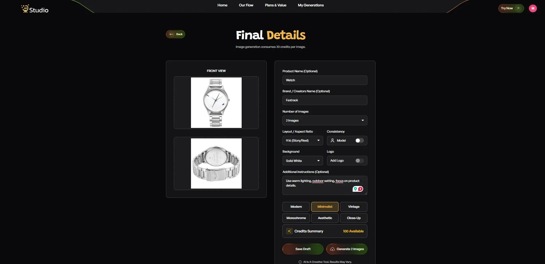 AI Studio final details page to set background, style, aspect ratio, and generate product images